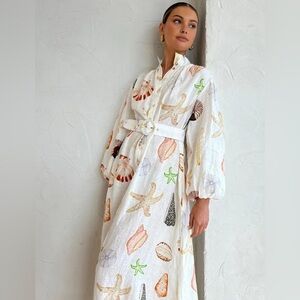 Marine Life Print Button-Front Belted Long Dress SOLD OUT IN Commense NWT S CM4